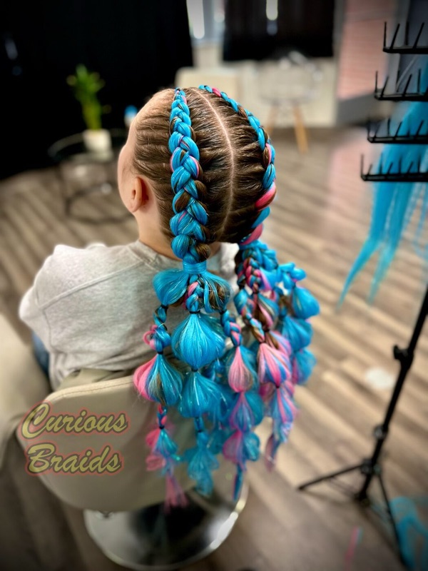 "Festival" braids · blue and pink — braided by Curious Braids in Defiance, Ohio
